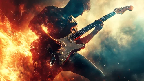 Silhouetted electric guitarist amid contrasting fire and smoke.