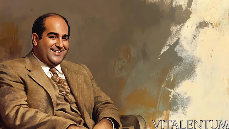 Portrait of seated man in suit with abstract painted backdrop