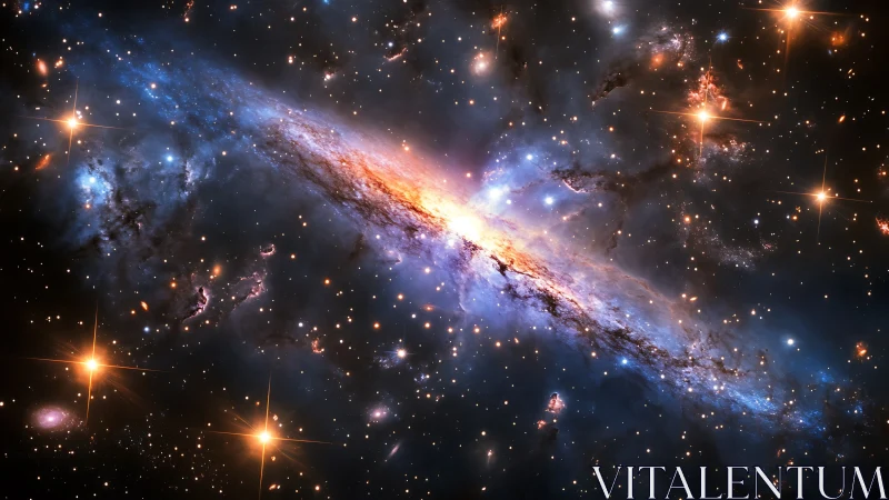 Edge-on spiral galaxy with ionized starburst core and dust lanes.