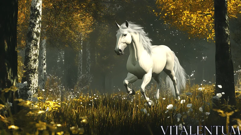 White horse galloping through a golden autumn forest dream.