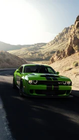 Green muscle car on desert highway under harsh light.