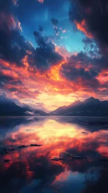Sunset clouds reflect across calm mountain lake surface