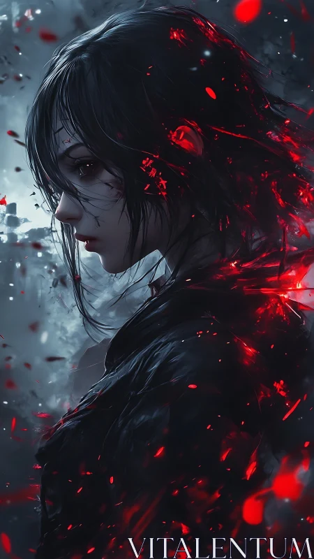 Profile portrait of dark figure with red energy fragments.