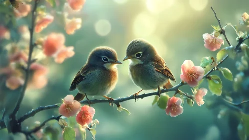Two Cute Songbirds on Blossoming Branch in Soft Pastel Light.