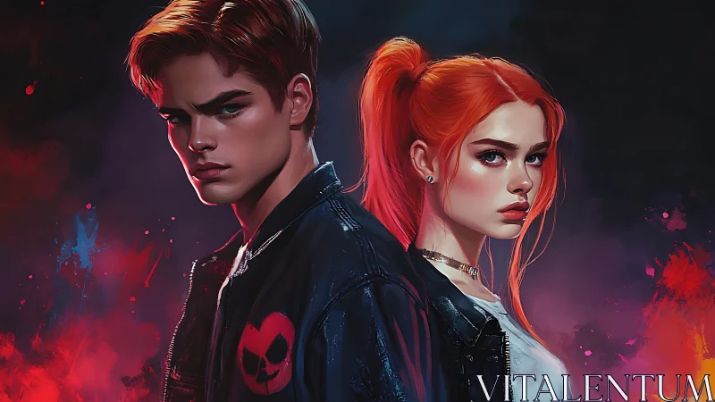 Rebellious duo in neon smoke with vivid cyberpunk tension.