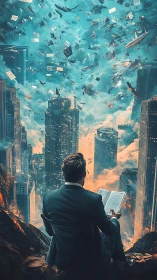Man reading above city amid debris-filled turbulent sky.
