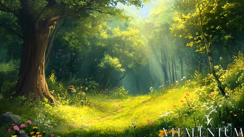 Sunlit Forest Path with Wildflowers and Old Trees