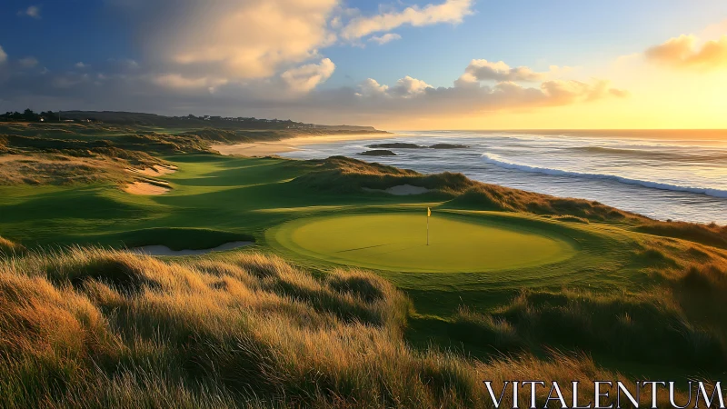 Coastal links golf green under dramatic sunset light.
