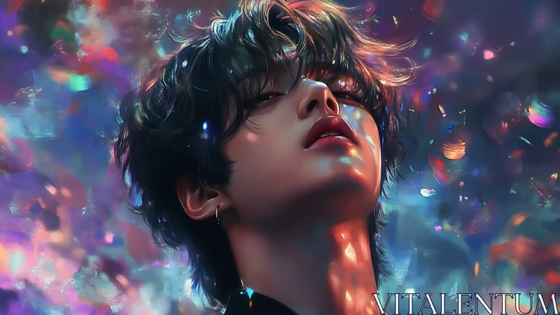 Iridescent portrait of contemplative youth in prismatic glow.