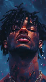 Soulful close up of serene man bathed in glowing color.