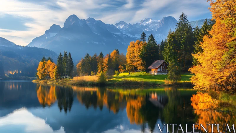 Lakeside cabin mirrors blazing autumn forest and peaks.