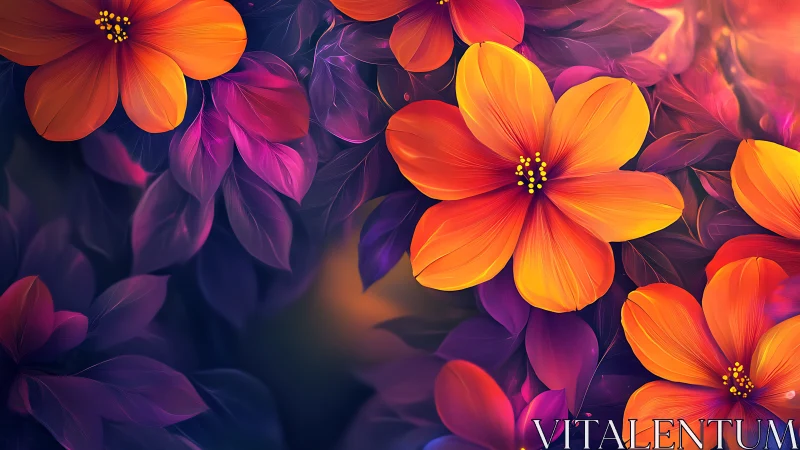 Luminous Floral Garden With Vibrant Orange and Purple Blooms