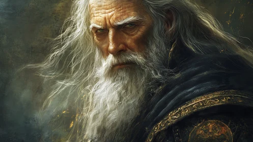 Ancient wizard portrait with stormlit gaze and gilded armor.