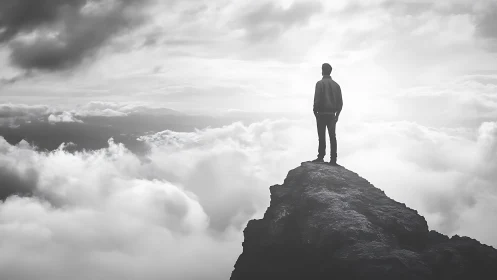 Solitary figure on cloud-bound peak in monochrome atmospheric light.