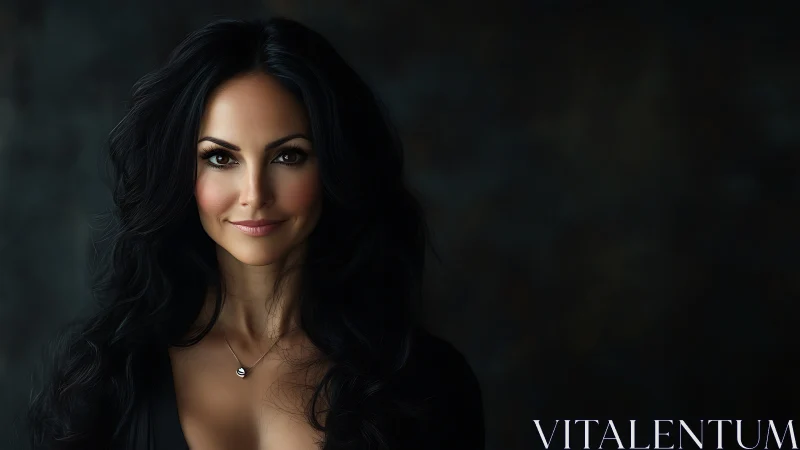 Elegant woman with long black hair in classic portrait style.