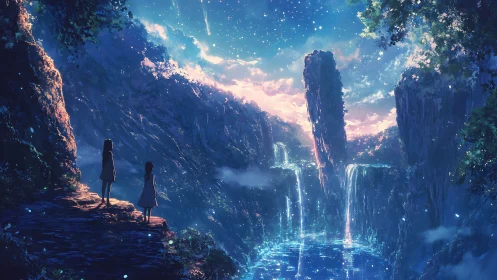 Two girls overlook luminous waterfalls under starry sky