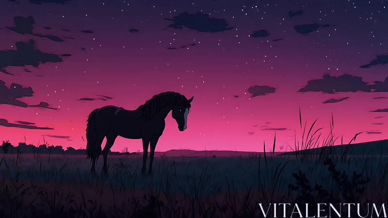 Solitary horse silhouetted under magenta twilight sky.