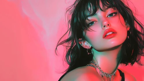 Digital portrait of woman in red and teal studio lighting.