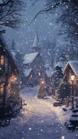 Snowy village street with church and glowing windows at night.