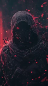 Hooded humanoid figure with red glowing eye in dark setting.