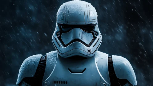 Armored sci‑fi soldier in icy downpour, cinematic closeup.
