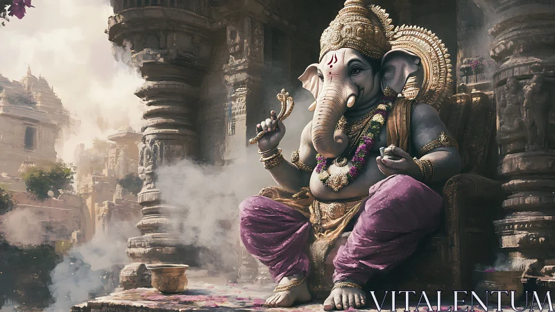 Gentle Ganesha rests in a sunlit temple of swirling incense