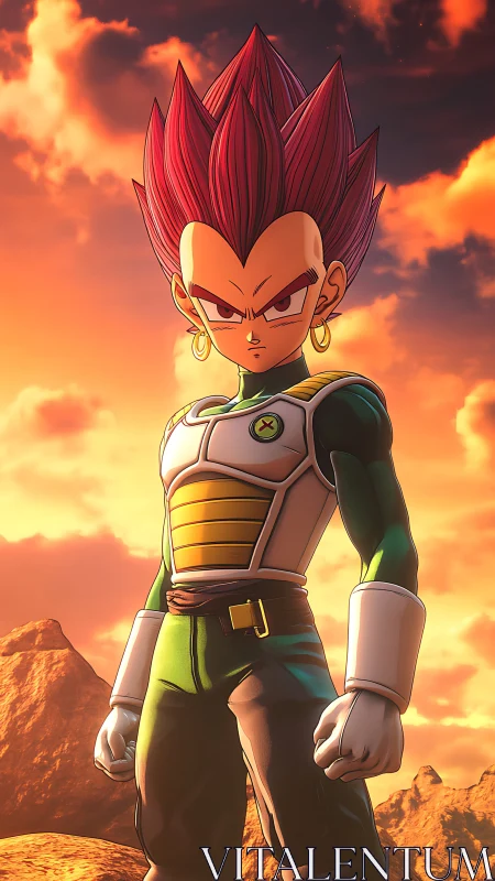 Red haired warrior stands under blazing sunset sky