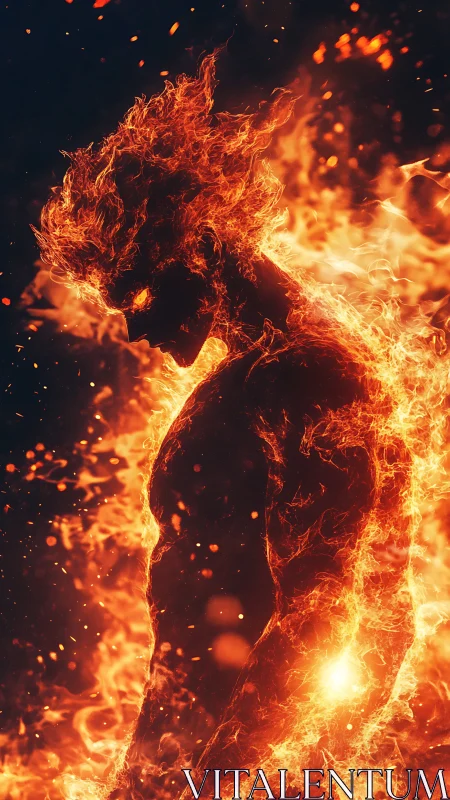 Flame humanoid silhouette rendered with dynamic volumetric fire simulation