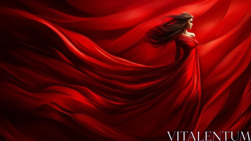 Scarlet robed woman immersed in flowing cinematic drapery.