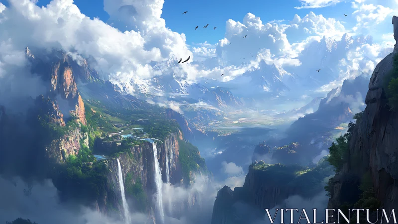 Skyborne waterfalls pour into a luminous cloud kingdom.