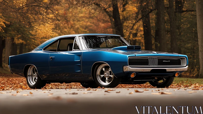 Blue classic muscle car on forest road in autumn setting.