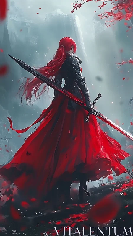 Red-haired warrior stands before misty waterfall cliffs