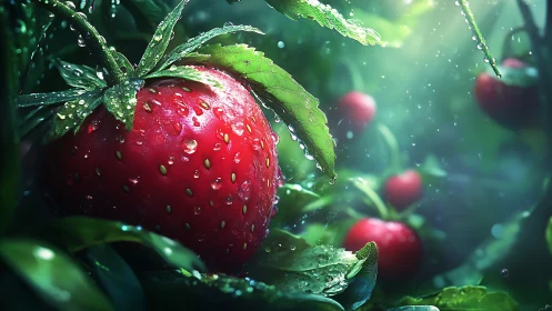 Strawberry jewel glistens in dewlit garden haze.