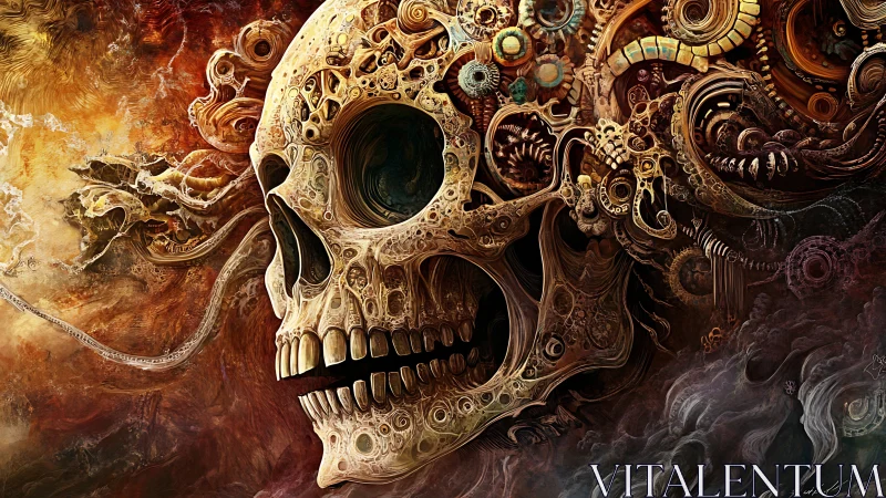Clockwork skull unites swirling gears with smoky oblivion
