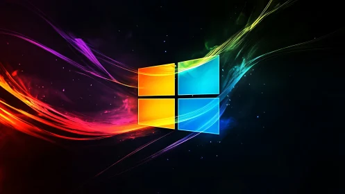Windows logo on dark space background with neon light trails.