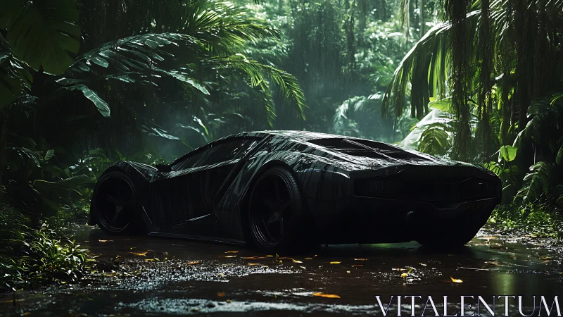 Sleek black supercar parked on wet jungle track.