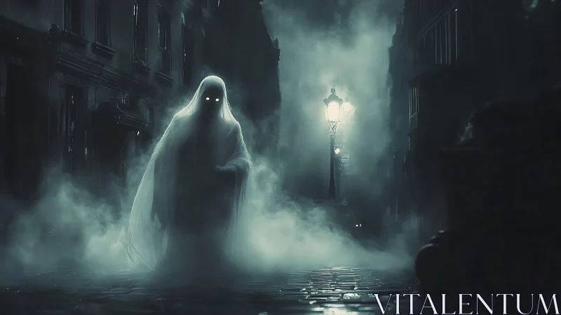 Mysterious ghost drifts through a foggy moonlit city street
