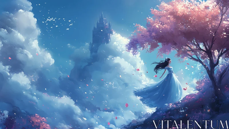 Skyward dreamer drifts toward a cloud-lost crystal castle