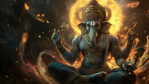 Luminescent multi-armed Ganesha rendered in incendiary aureole.