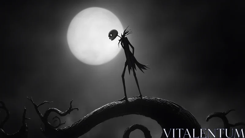 Monochrome gothic silhouette on twisted moonlit branch.