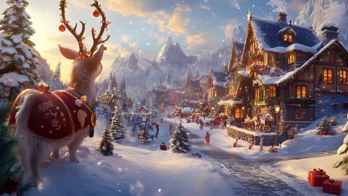 Decorated reindeer overlooks illuminated snowy village scene