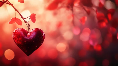 Crystalline Heart Pendant Suspended on Delicate Branch Against Bokeh Backdrop