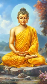 Serene Buddha meditation portrait in golden robes outdoors.