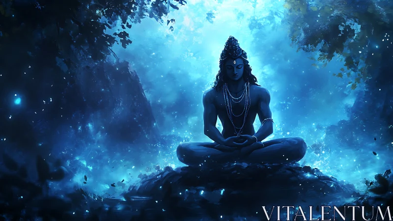 Meditating deity glows within luminous blue forest void.