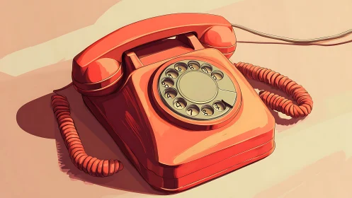 Retro red rotary telephone rests in warm nostalgic light