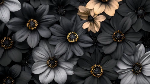 Obsidian Petals Dance: Dark Florals Glow with Golden Hearts