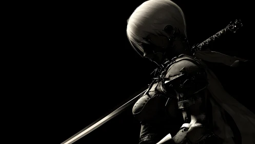 High-contrast armored swordswoman rendered in dramatic rim lighting