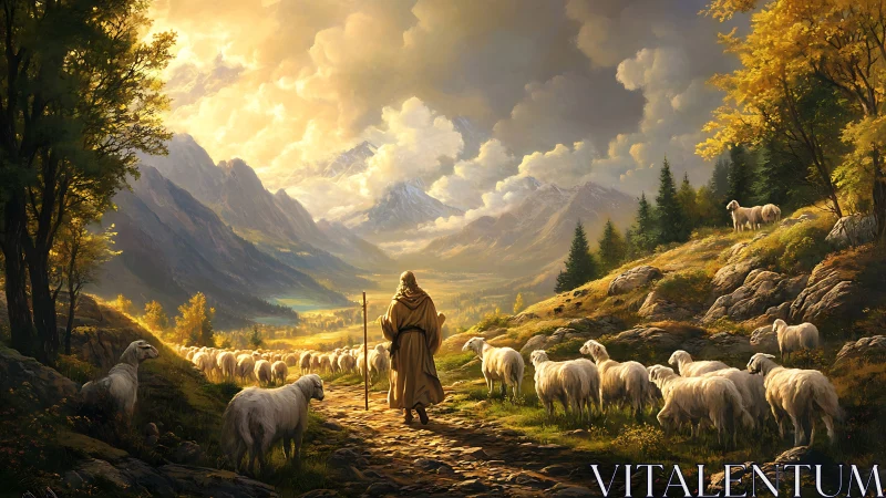 Shepherd guides mountain flock through golden valley light.