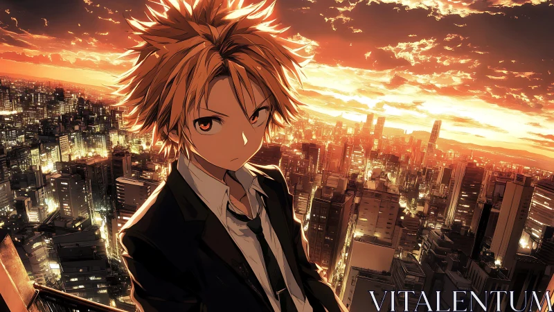 Defiant anime teen overlooks neon city at burning sunset.