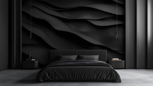 Monochrome bedroom embraces sculpted black wall waves.